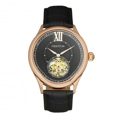 Heritor Automatic Hayward Semi-Skeleton Leather-Band Watch - Rose Gold/Black